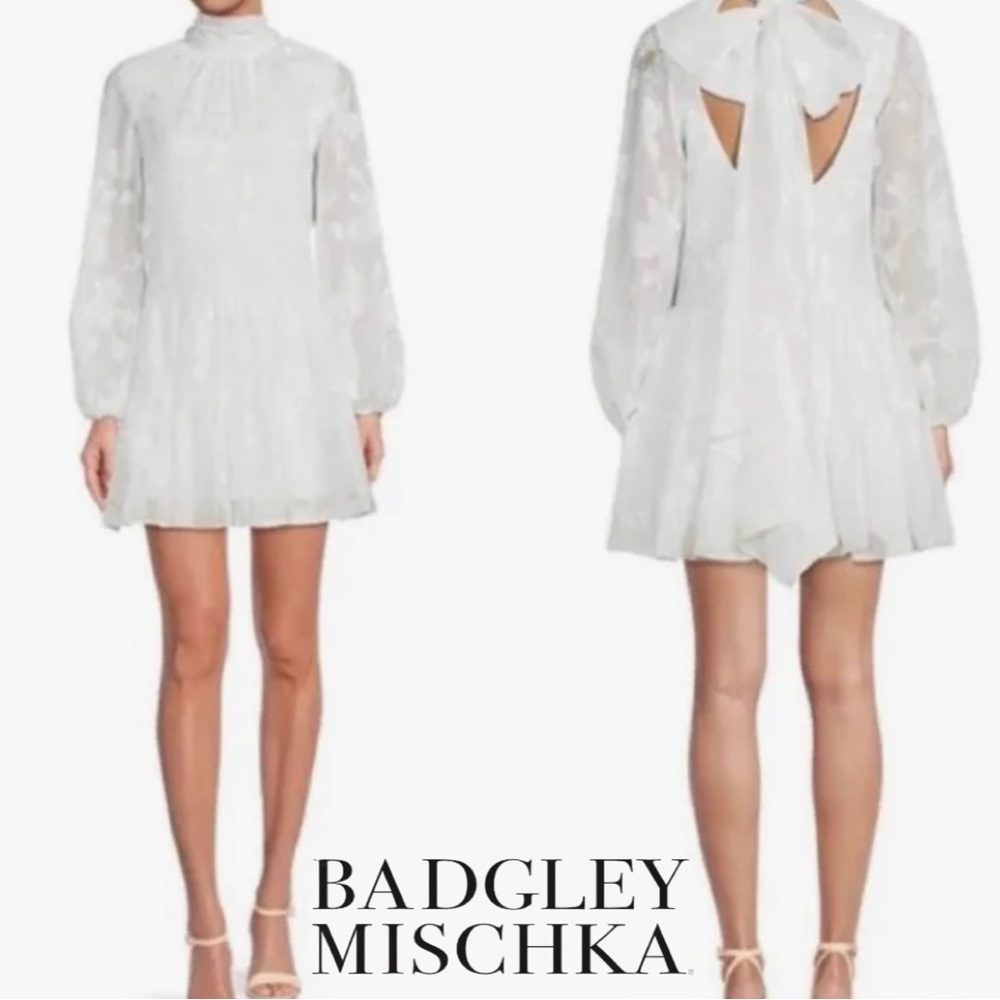 Badgley Mischka Ansley Tiered Back Bow White Long Sleeved Dress